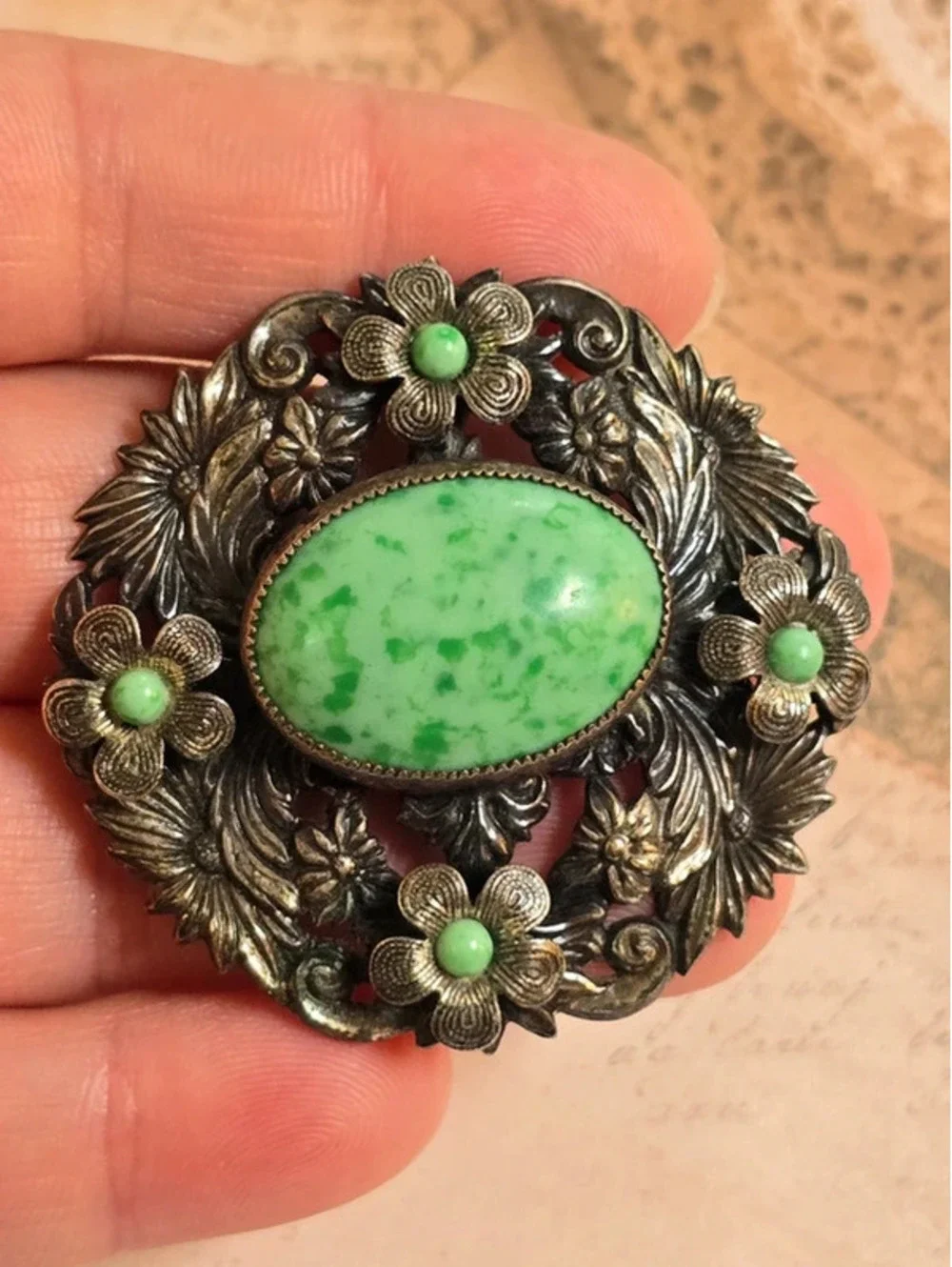 Art Nouveau Silver Tone Green Cabochon Floral Brooch Ornate Openwork